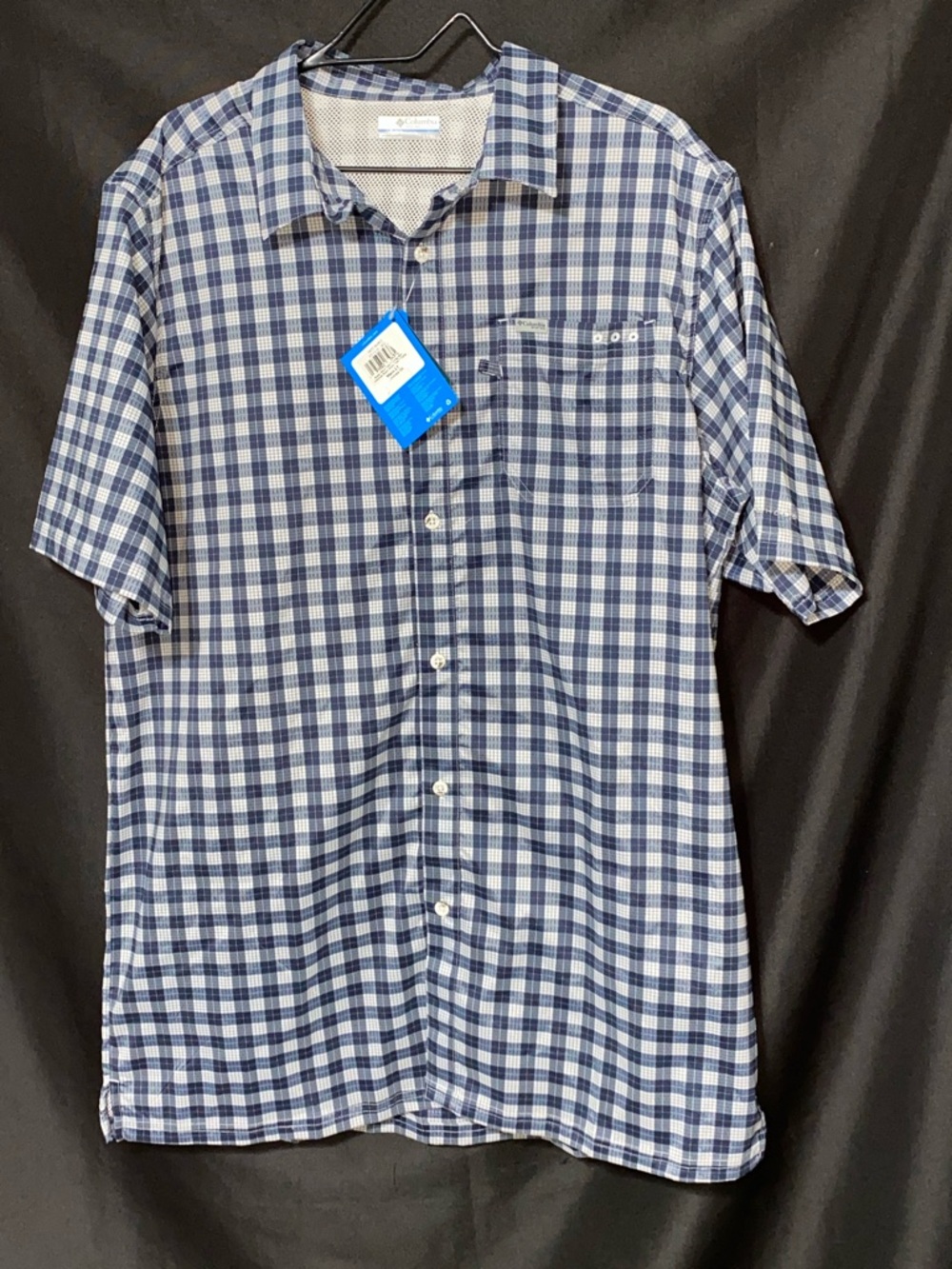 NWT COLUMBIA PFG OMNI SHIELD MENS LARGE TALL Blue White Check Short-Sleeve Shirt